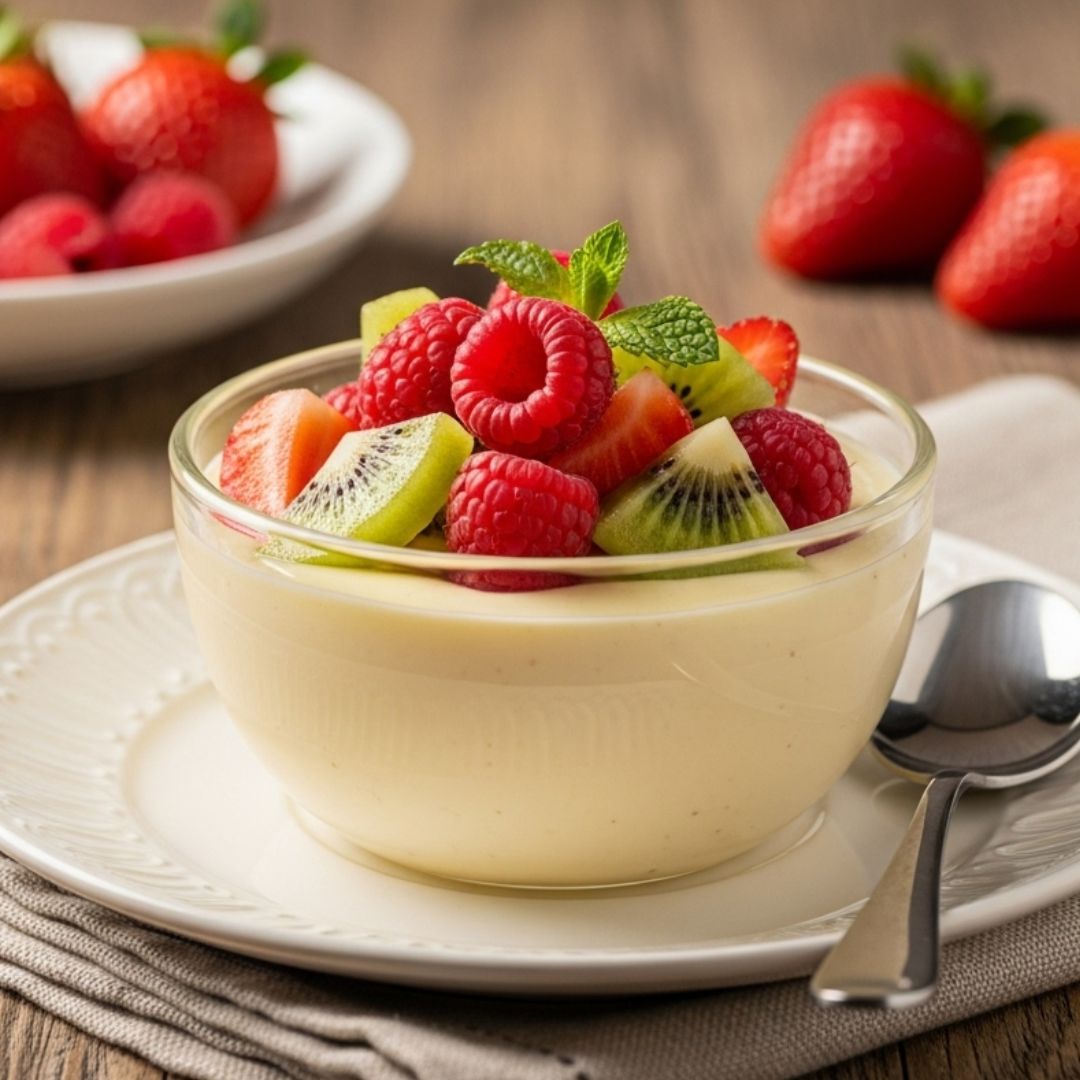 Pudin de vainilla con frutas frescas