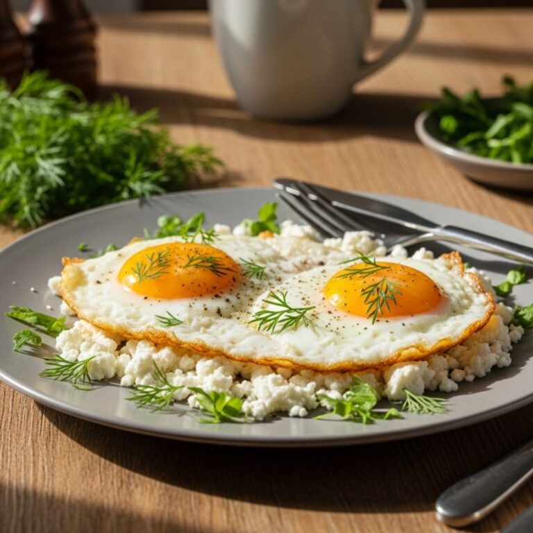 Huevos fritos sobre queso feta