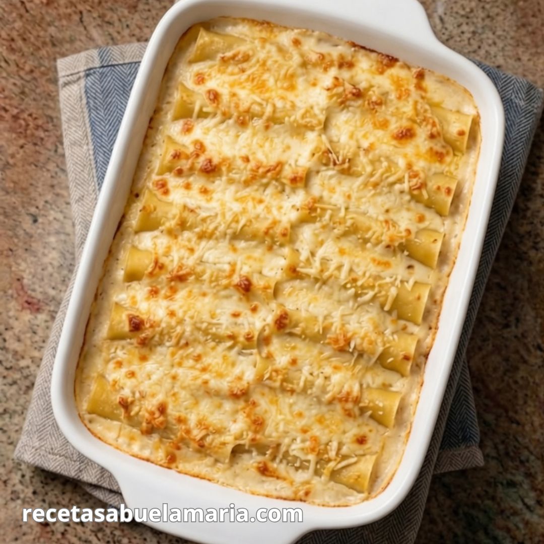 Canelones de pollo con bechamel y queso gratinados