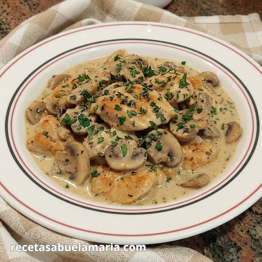 Pollo con nata y champiñones receta fácil de la abuela