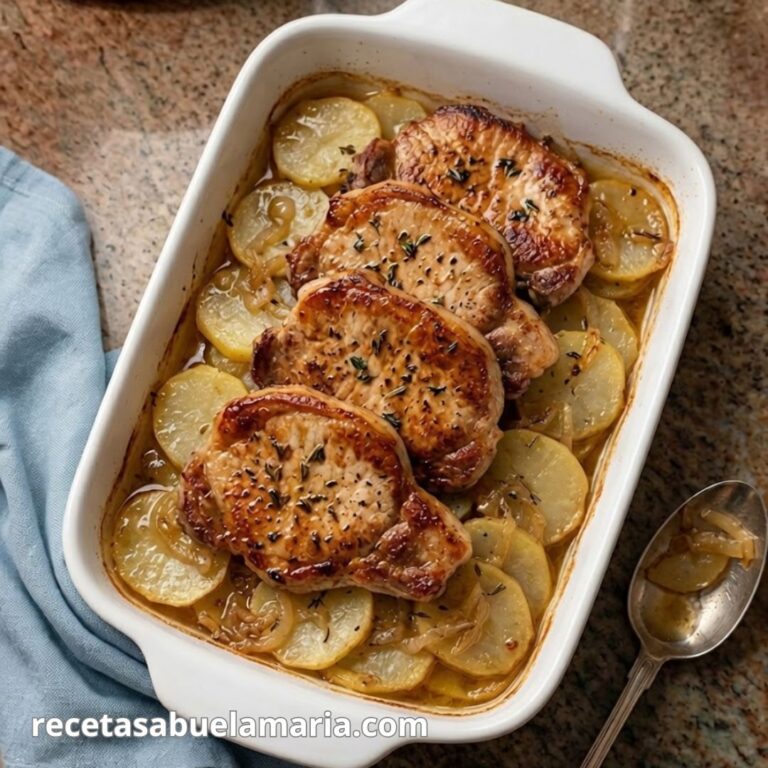 Chuletas de cerdo asadas al horno con patatas y cebolla