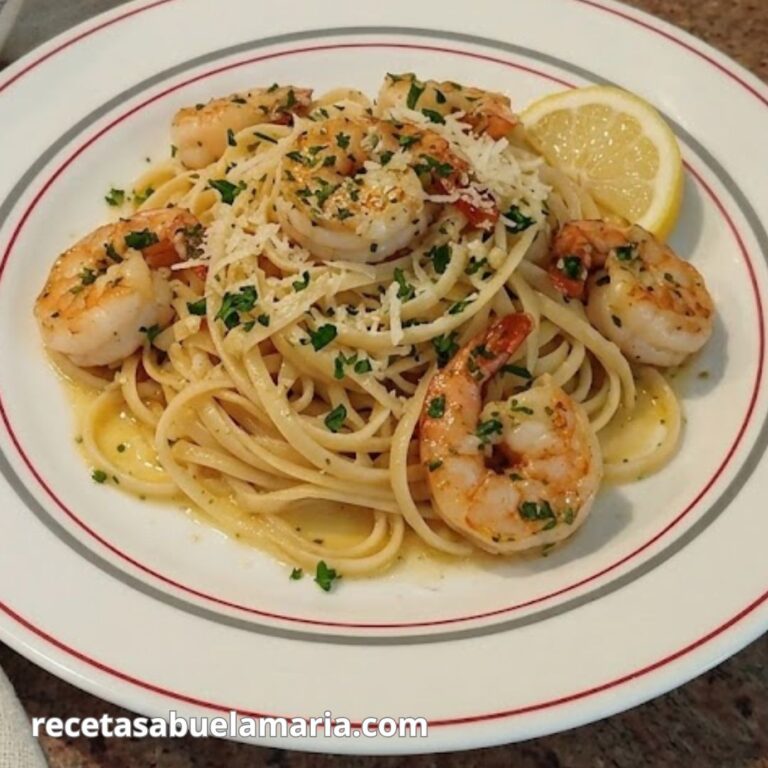 Pasta con gambas y langostinos, shrimp scampi pasta