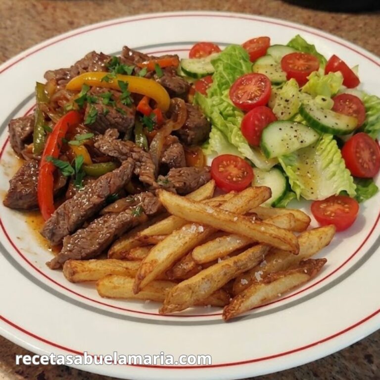 Salteado de bistec con patatas y ensalada, plato combinado